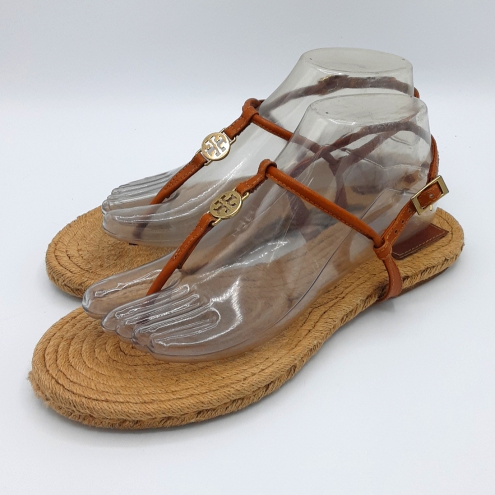 Tory Burch Emmy Brown Leather Espadrille Flat Thong Sandal.